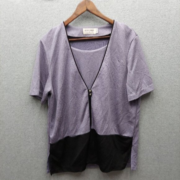 Alfred Dunner Womens Short-Sleeve Purple & Black V-Neck Top M - Picture 1 of 3